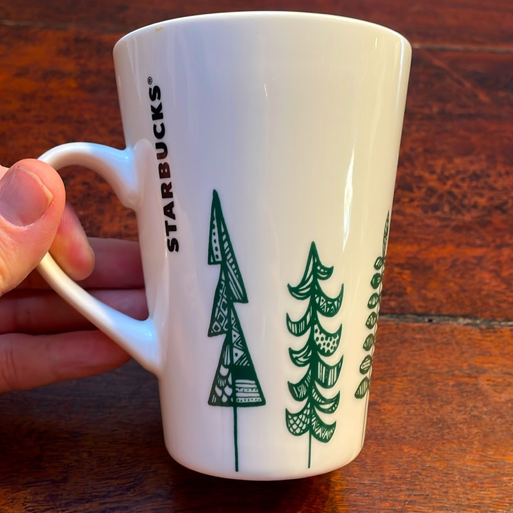 Starbucks 2015 Holiday White with Green Trees Ceramic Coffee Mug (16oz)